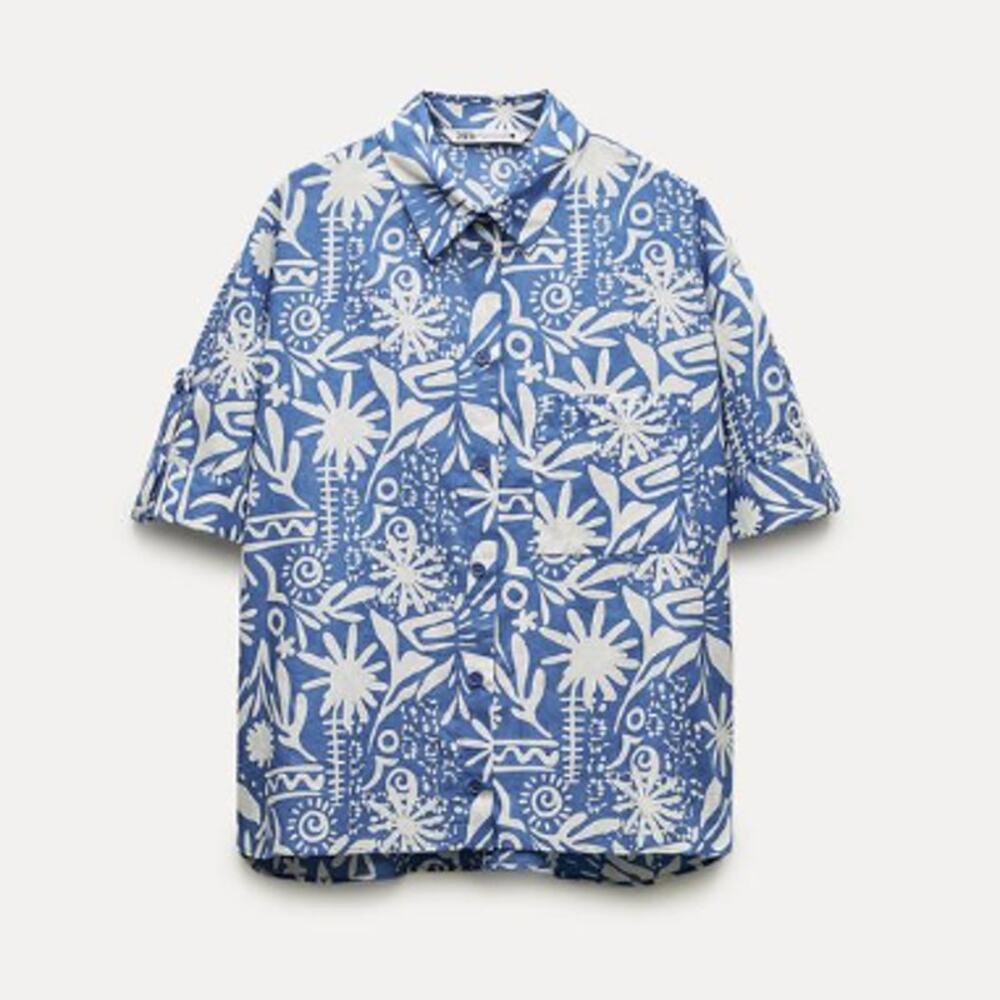 Zara Blue & White Tropical Print Short Sleeve Button Up Top 100% Cotton Medium